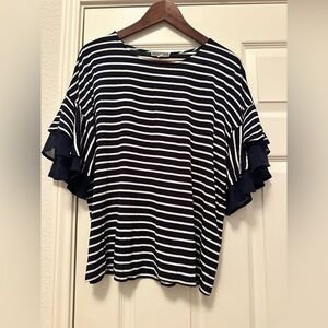 Pleione Navy and White Striped Ruffle Sleeve Top, medium